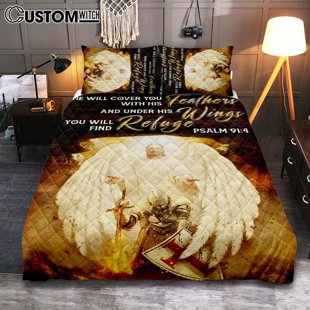 He Will Cover You With His Feathers Quilt Bedding Set – Jesus Angel Wings Warrior Quilt Bedding Set Bedroom – Christian Bedroom Decor – Religious Quilt Bedding Set Prints