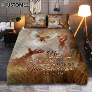 He Will Cover You With His Feathers Quilt Bedding Set – Beautiful Dove Jesus’s Hand Quilt Bedding Set Art – Bible Verse Bedroom