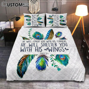 He Will Cover You With His Feathers Bedroom Quilt Bedding Set – Christian Quilt Bedding Set Bedroom Decor