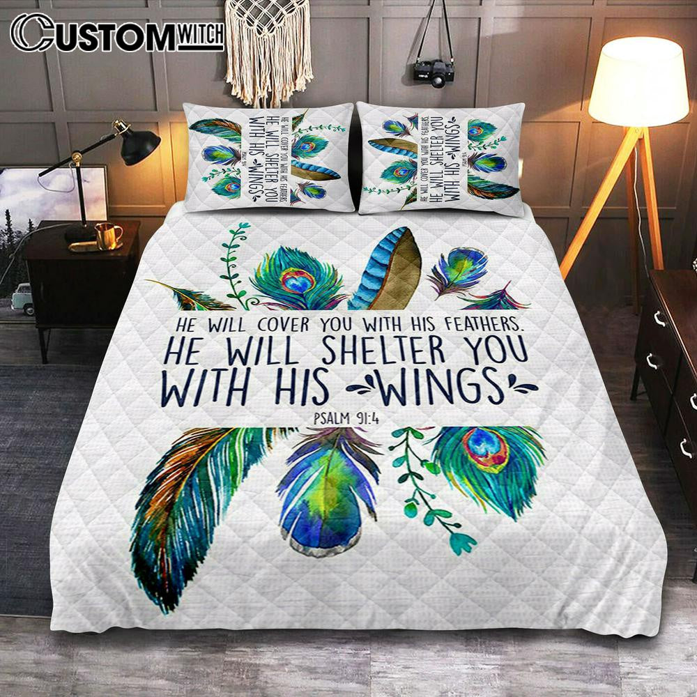 He Will Cover You With His Feathers Bedroom Quilt Bedding Set – Christian Quilt Bedding Set Bedroom Decor