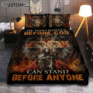 He Who Kneels Before God Quilt Bedding Set – Warrior Of Christ Lion Of Judah Quilt Bedding Set Art – Christian Art – Bible Verse Bedroom – Religious Home Decor