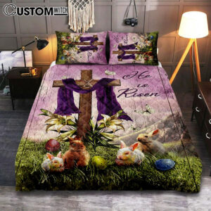 He Is Risen Easter Bunny Cross Lily Flower White Butterfly Purple Silk Quilt Bedding Set Art – Bible Verse Bedroom
