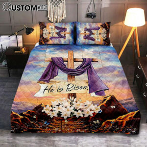 He Is Risen Cross Purple Ribbon Lily Flower Quilt Bedding Set Art – Bible Verse Bedroom