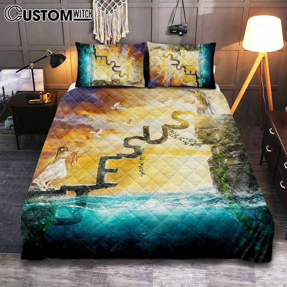 Have Faith Reaching His Hand Beautiful Girl Jesus Quilt Bedding Set Bedroom – Christian Bedroom Decor – Religious Quilt Bedding Set Prints