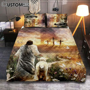 Have Faith On His Way Jesus Cross Lion Quilt Bedding Set Bedroom – Christian Bedroom Decor – Religious Quilt Bedding Set Prints