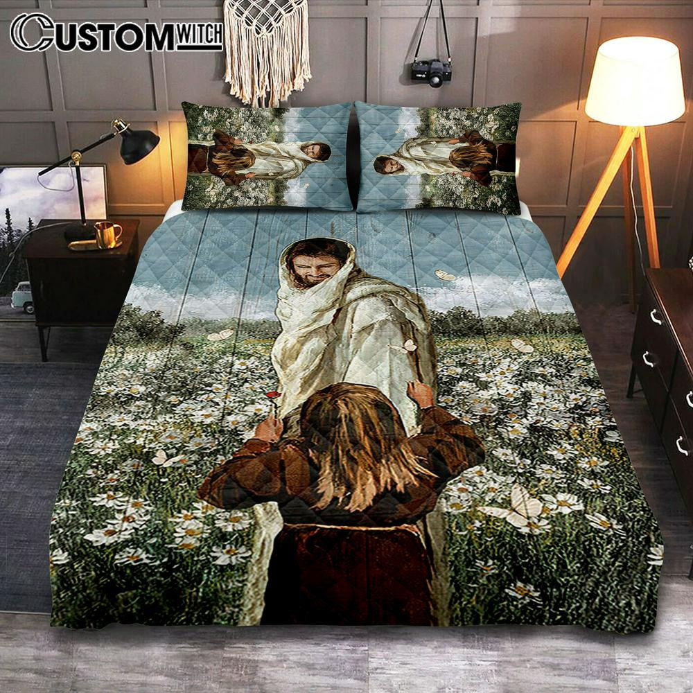 Happy Jesus Little Girl Daisy Field White Butterfly Quilt Bedding Set – Christian Bedroom – Religious Home Decor