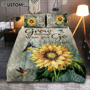 Grow Through What You Go Through Sunflower Hummingbird Quilt Bedding Set Art – Christian Art – Bible Verse Bedroom – Religious Home Decor