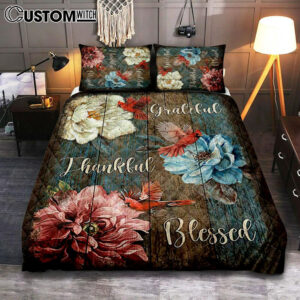 Grateful Thankful Blessed Camellia Northern Cardinal Quilt Bedding Set Bedroom – Christian Quilt Bedding Set Prints – Bible Verse Quilt Bedding Set Art