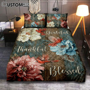 Grateful Thankful Blessed Beautiful Camellia Northern Cardinal Quilt Bedding Set Bedroom – Christian Bedroom Decor – Religious Quilt Bedding Set Prints