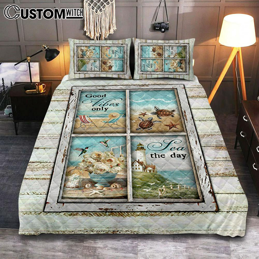 Good Vibes Only Beach Chairs Sea Turtle Quilt Bedding Set Bedroom – Christian Quilt Bedding Set Prints – Bible Verse Quilt Bedding Set Art