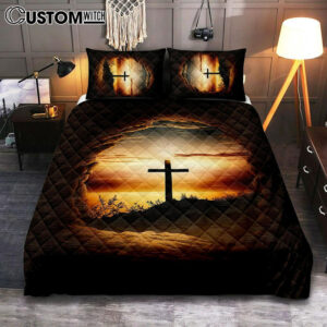 Good Friday Cross Golden Sunset Sky Quilt Bedding Set Prints – Religious Quilt Bedding Set Art – Christian Cover Twin Bedding Decor