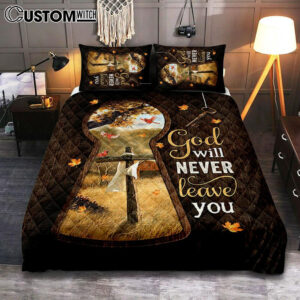 God Will Never Leave You Wooden Cross Red Cardinal Quilt Bedding Set Bedroom – Christian Quilt Bedding Set Prints – Bible Verse Quilt Bedding Set Art