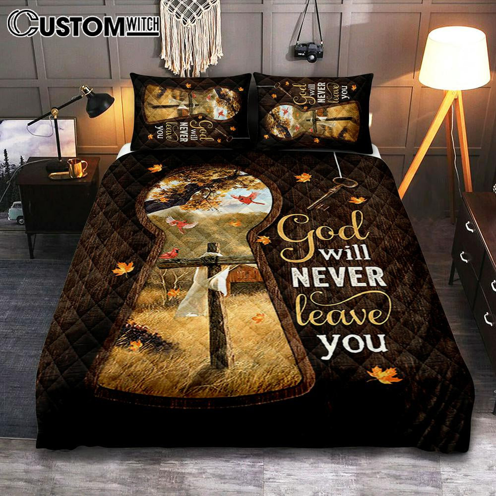 God Will Never Leave You Wooden Cross Red Cardinal Quilt Bedding Set Bedroom – Christian Quilt Bedding Set Prints – Bible Verse Quilt Bedding Set Art