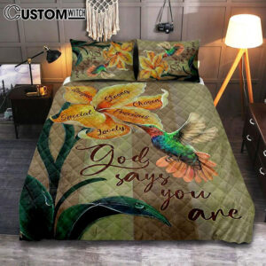 God Says You Are Unique Yellow Lily Hummingbird Quilt Bedding Set Art – Bible Verse Bedroom