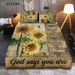 God Says You Are Sunflower Hummingbird Quilt Bedding Set Art – Christian Art – Bible Verse Bedroom – Religious Home Decor