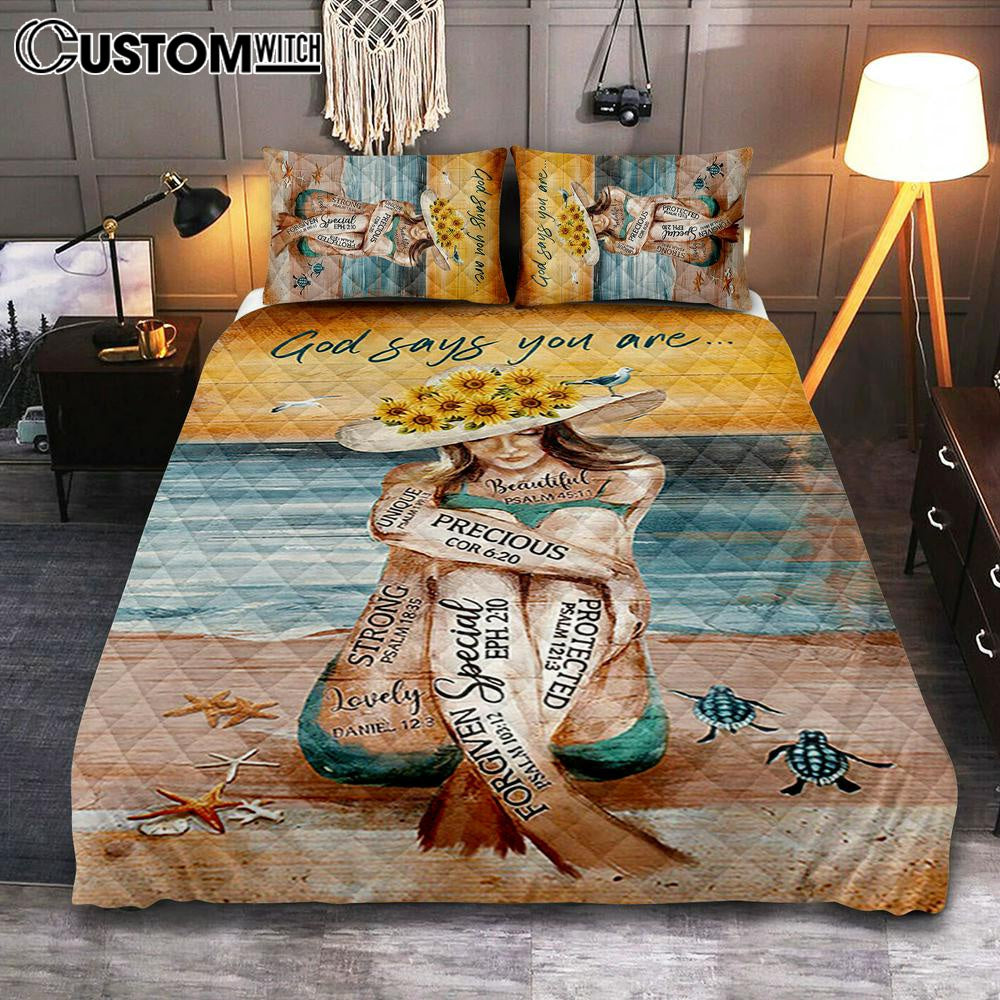 God Says You Are Quilt Bedding Set Beautiful Girl On The Beach Quilt Bedding Set Bedroom – Christian Quilt Bedding Set Prints – Bible Verse Quilt Bedding Set Art God Says You Are Quilt Bedding Set Beautiful Girl On The Beach Quilt Bedding Set Bedroom – Christian Quilt Bedding Set Prints – Bible Verse Quilt Bedding Set Art