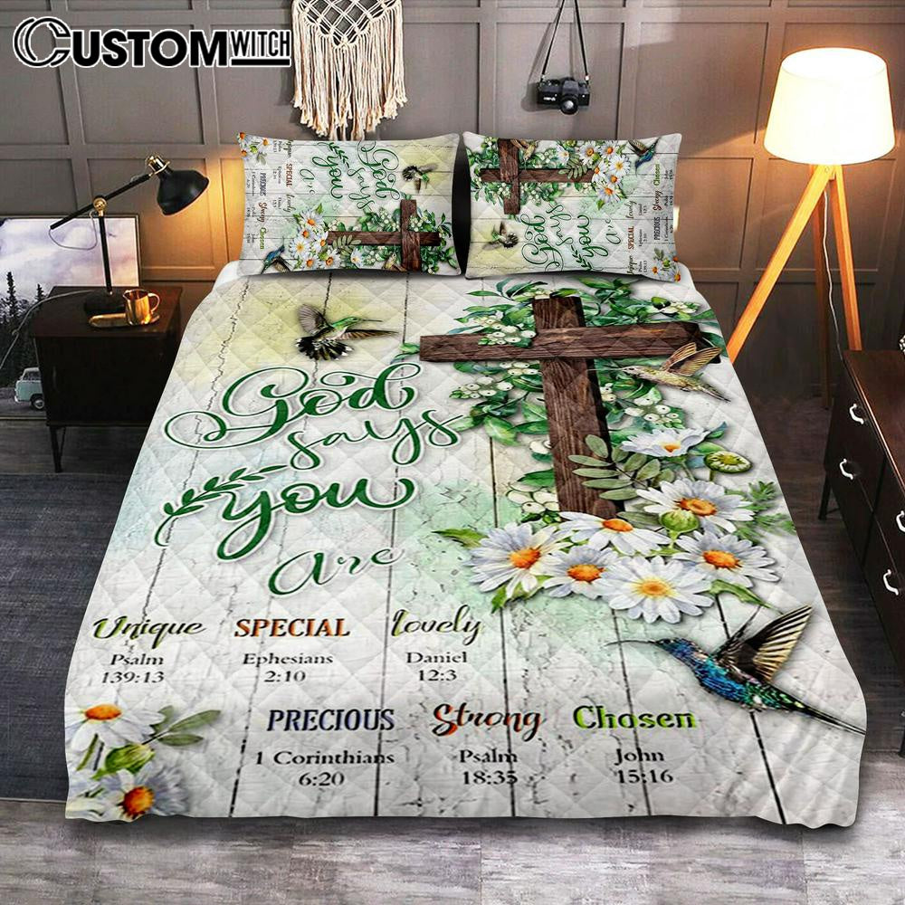 God Says You Are Hummingbird Daisy Quilt Bedding Set Bedroom – Christian Quilt Bedding Set Bedroom Decor
